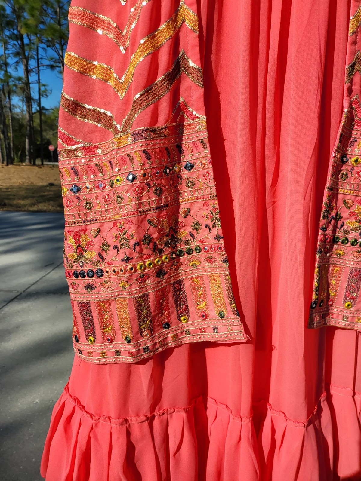 Beautiful Emroidered Sharifa Anarkali Dress W/Ruffled Hem Made In India Size XL