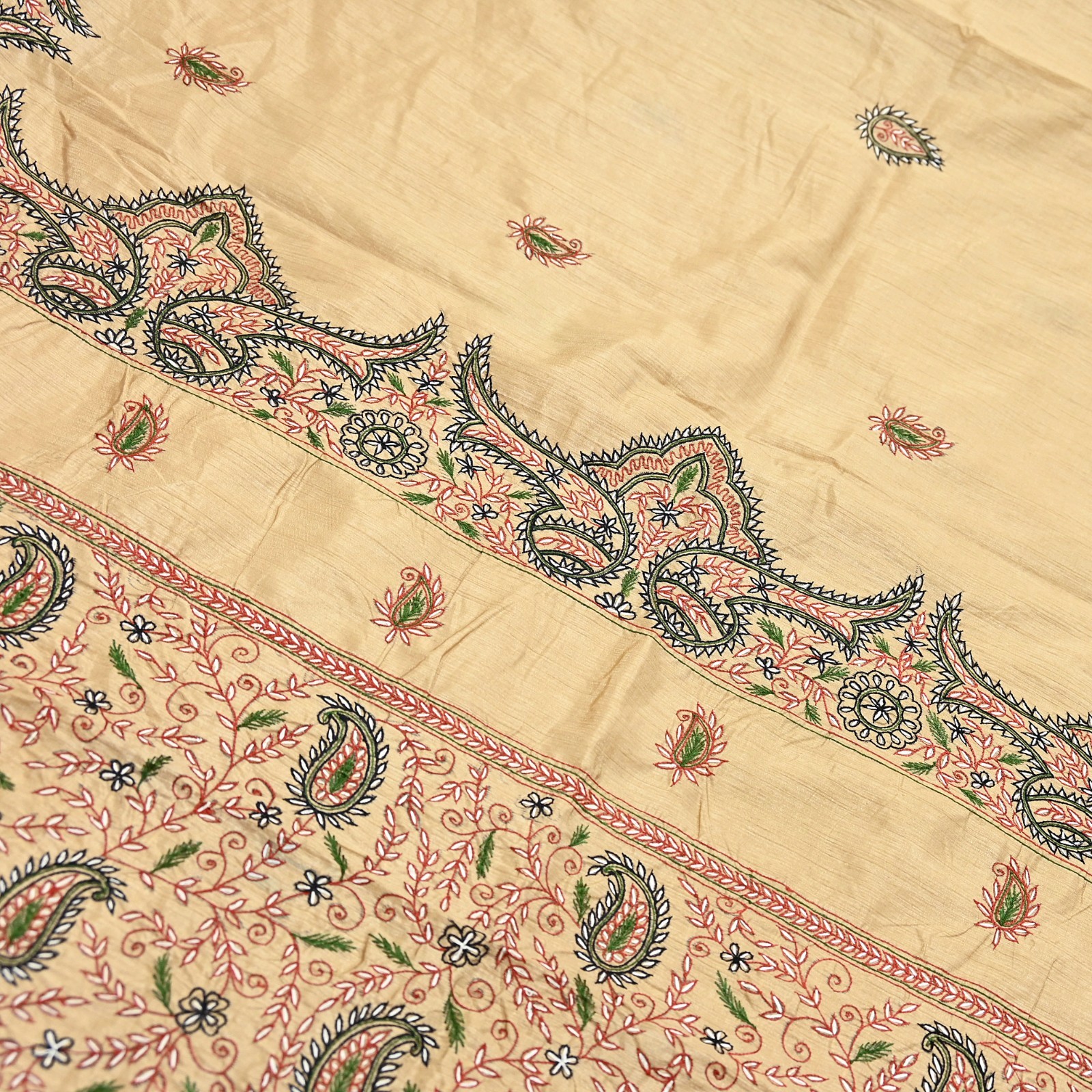 Indian Vintage Sari Beige Artificial Silk Hand Embroidered Sarees Craft Fabric 5