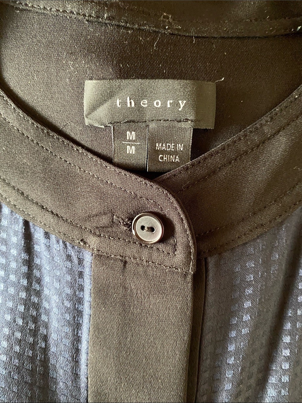 Theory 100% Silk Navy Collarless Button Down Blouse with Black Trim, Size M