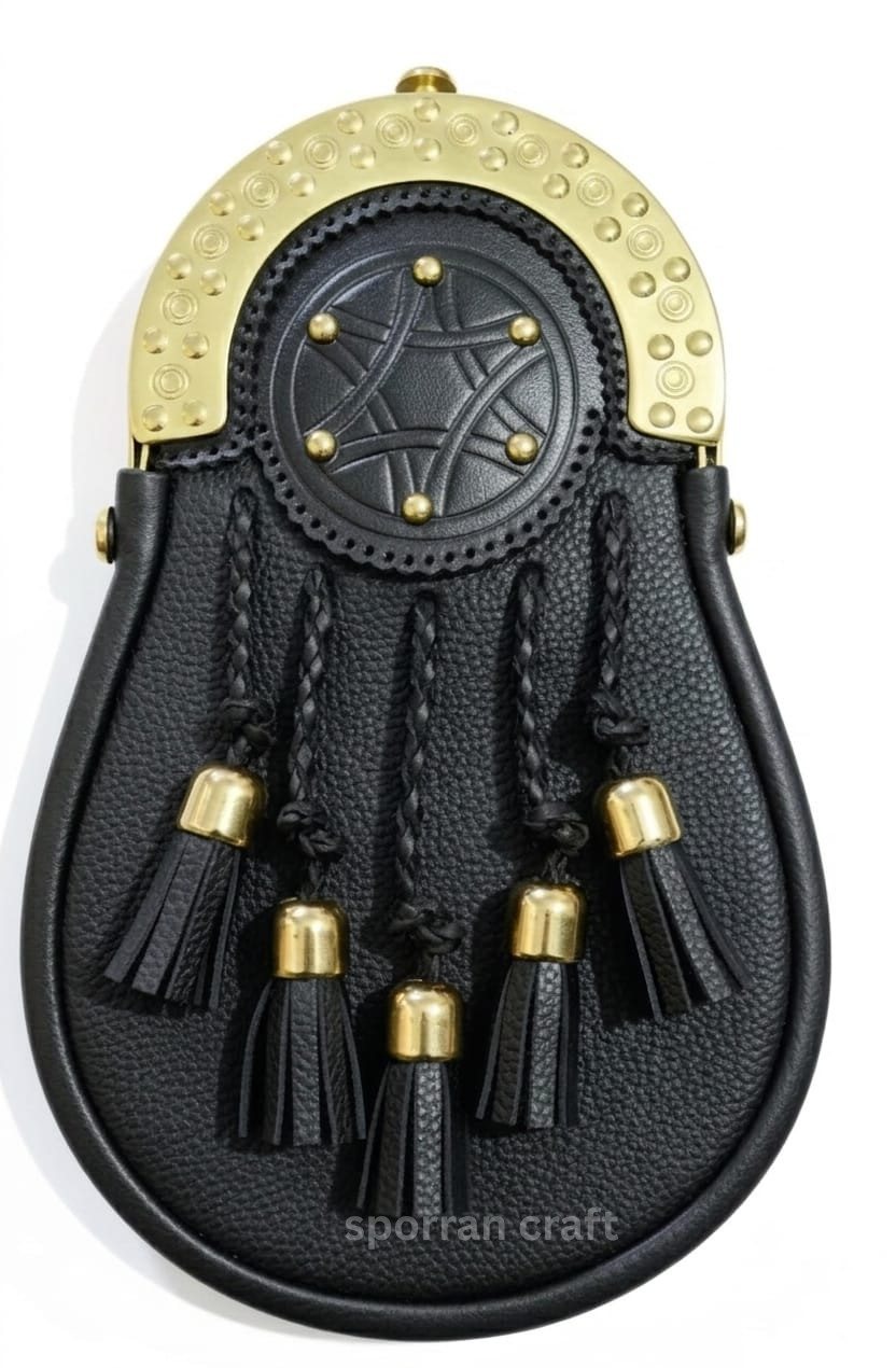 Vintage Style Scottish Jacobite Culloden Sporran Brass Cantle Black Real Leather