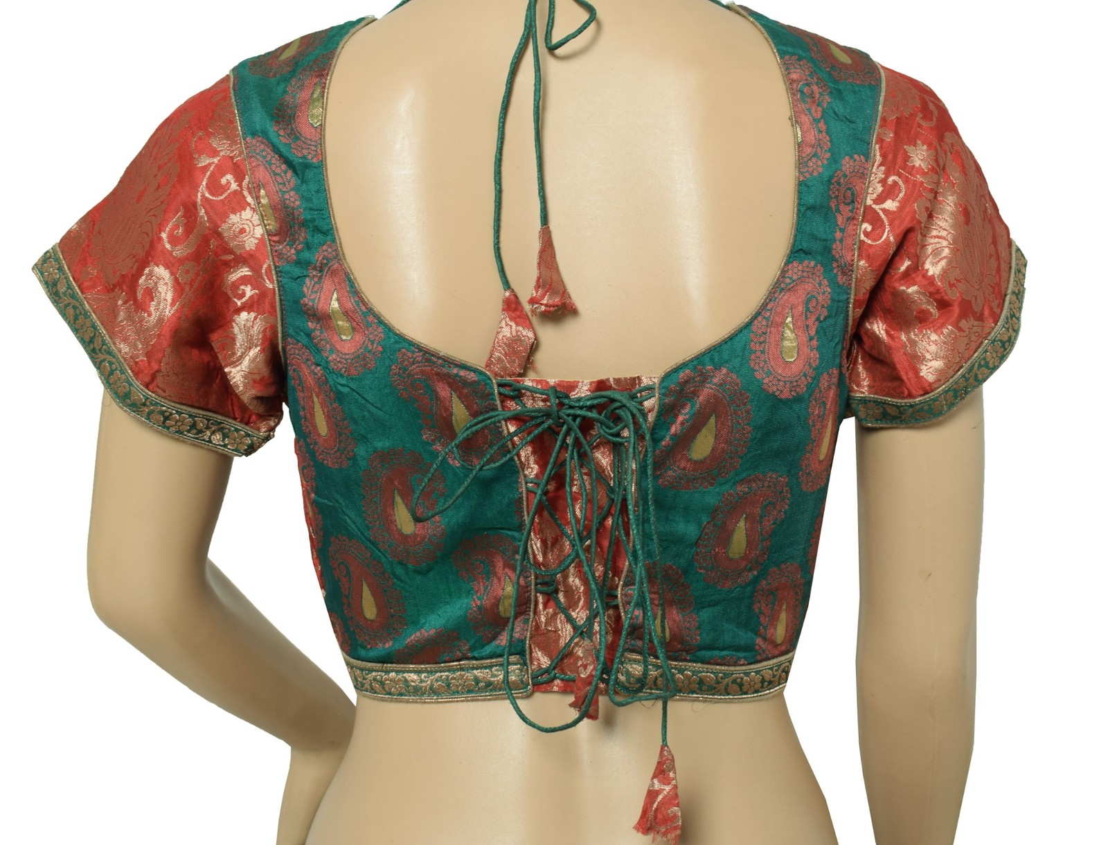 Sushila Vintage Readymade Red Green Sari Blouse Silk Zari Woven Padded Choli 34″