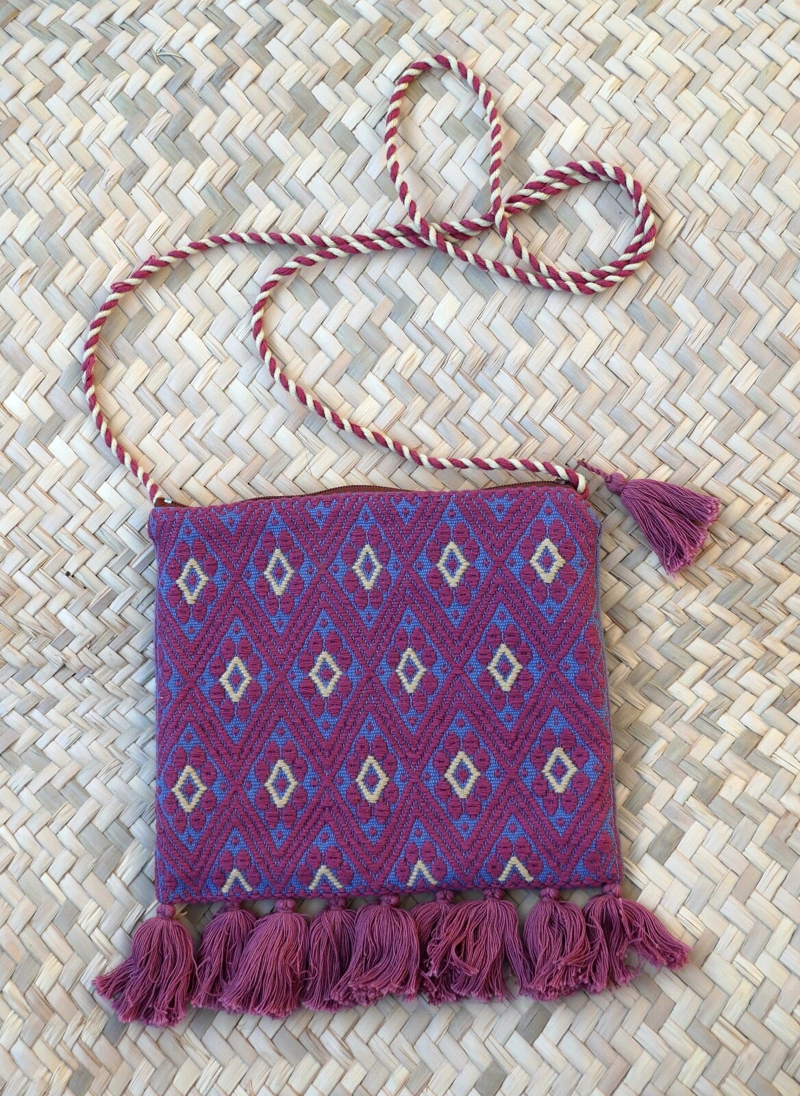 Shoulder Bag Morral Mayan Padded Rose Sand & Blue Handwoven Chiapas Mexico Boho