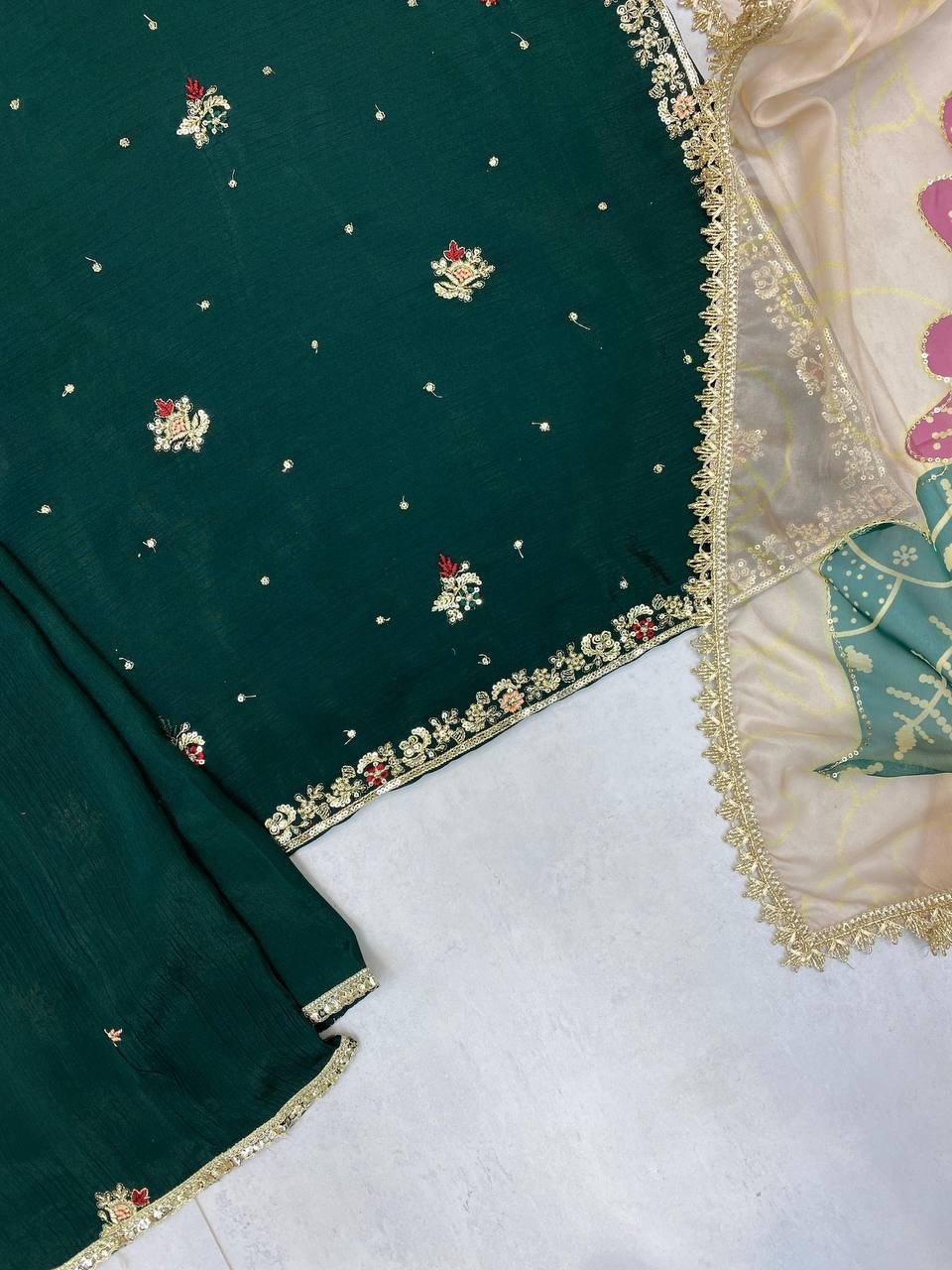 New Exclusive Green Chinon Kurta Palazzo With Organza Dupatta For Women