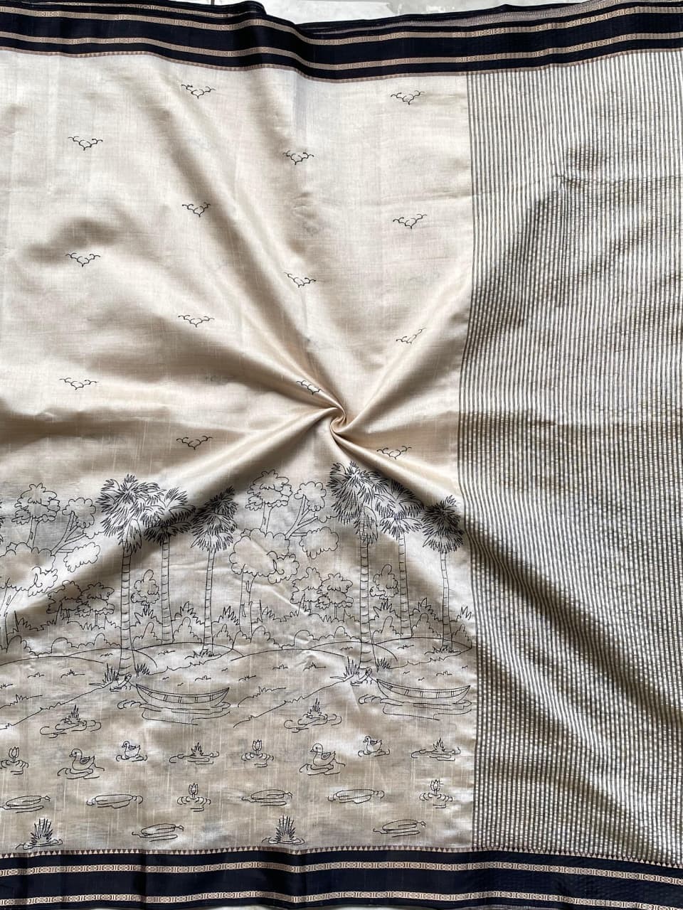 Off White Handloom Cotton Silk Saree Kalamkari Scenic Border 6.3M Festive Wear