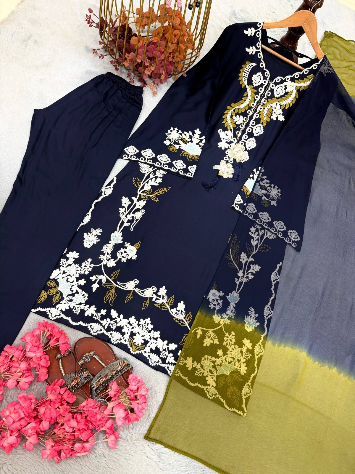 Presenting New Navy Blue Satin Rayon Salwar Kameez With Dupatta For Women