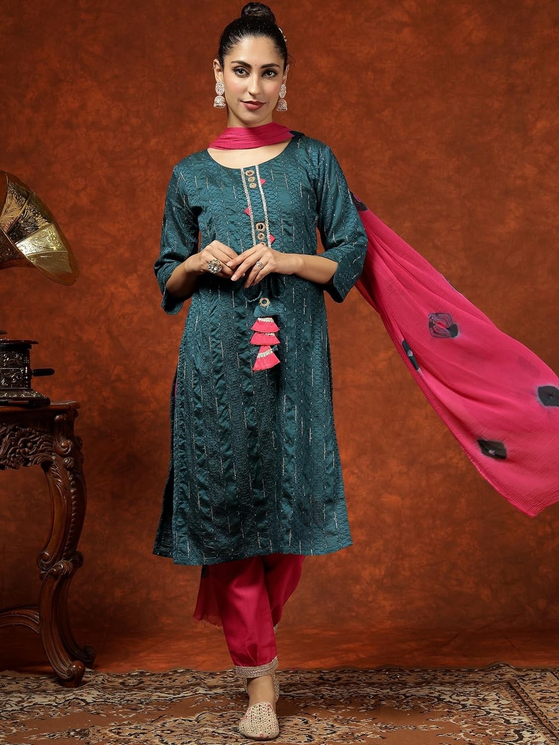 Women’s Chanderi Silk Woven Zari Mirror Work Stright Kurta Pant with Dupatta Set