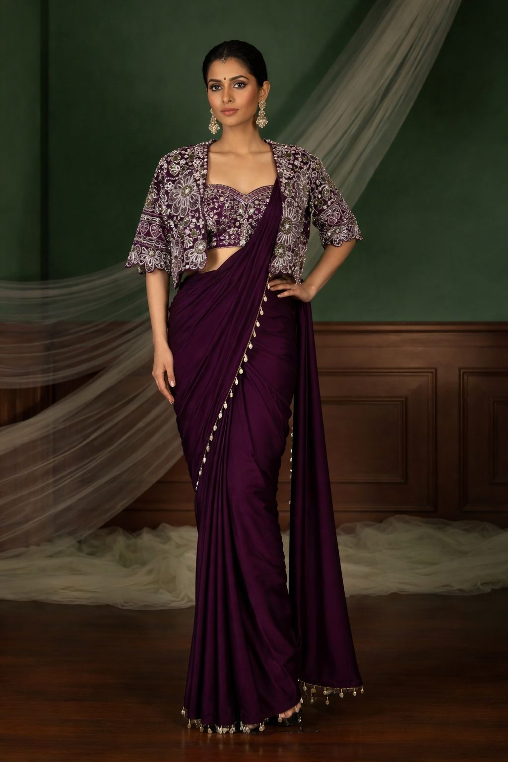 WINE COLOR CREPE SILK BORDER WORK READY TO WEAR SAREE STITCHED BLOUSE SARI KOTIS