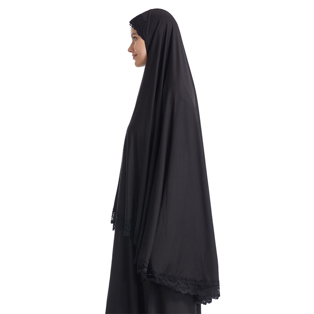 Muslim Women Ramadan Scarf Hijab Islam Prayer Turban Amair Lace Trim Headcover