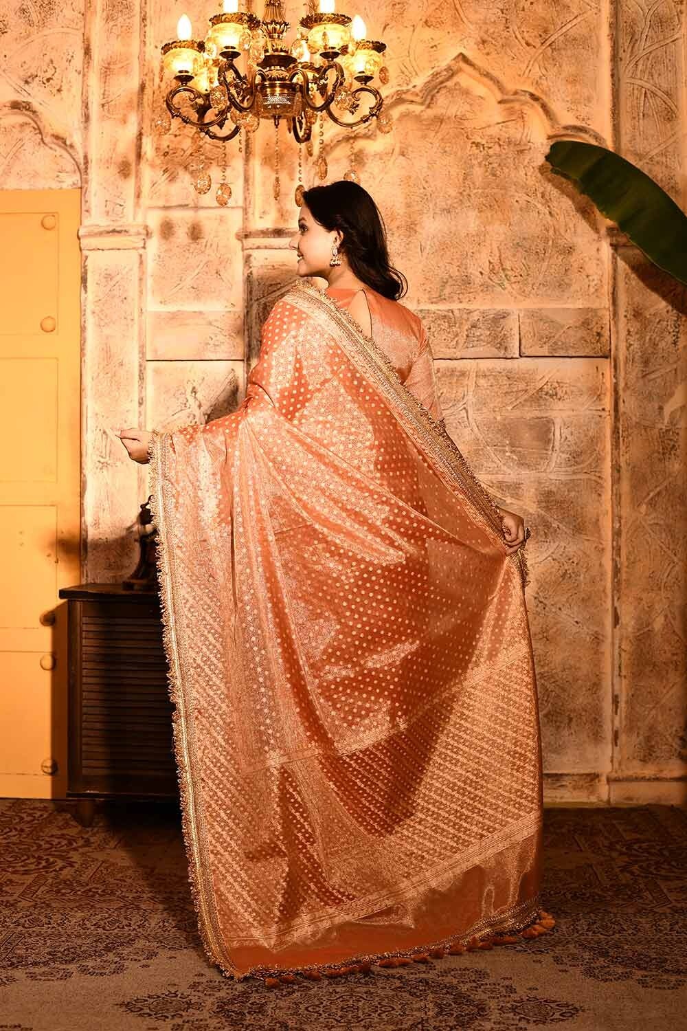 Brand new Coral Peach Banarasi pure Tissue silk Handloom Saree
