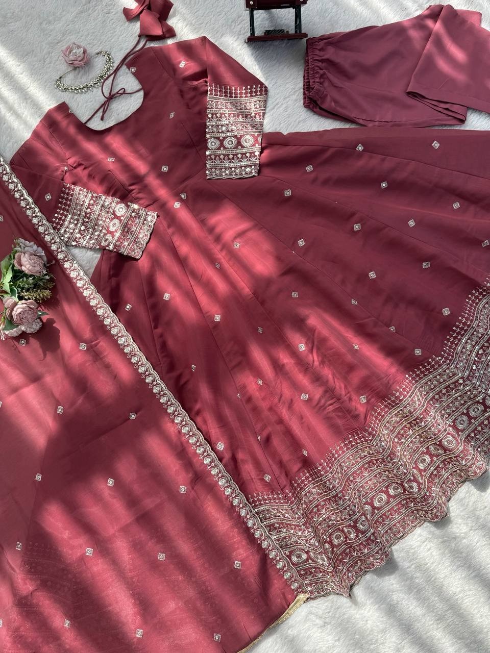 Presenting Mul Chanderi Silk Maroon Gown Bottom With Dupatta For Festival Wear