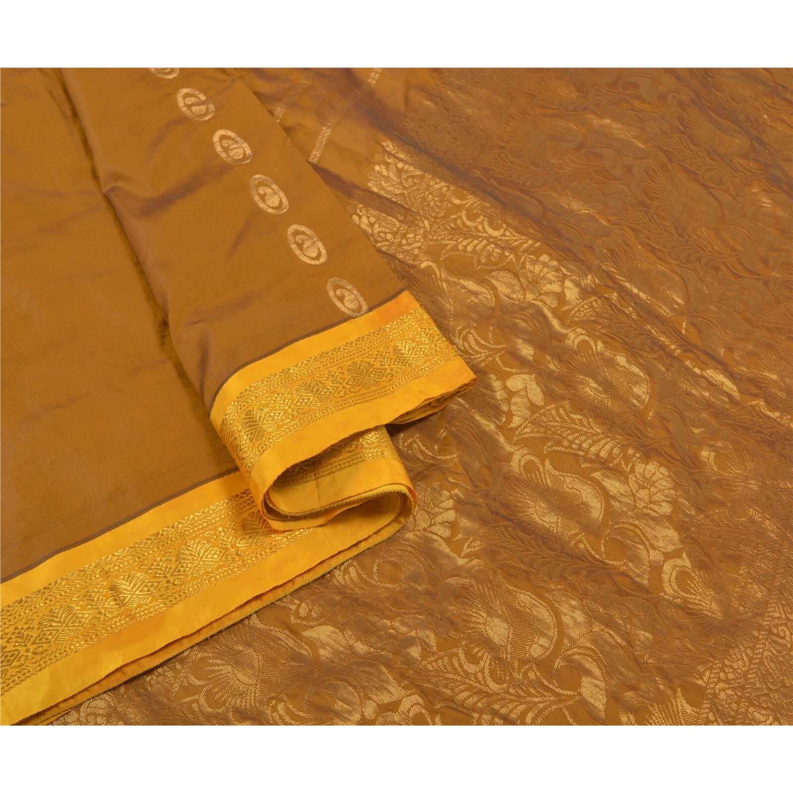 Sanskriti Vintage Mustard Sarees Pure Silk Woven Brocade/Banarasi Sari Fabric
