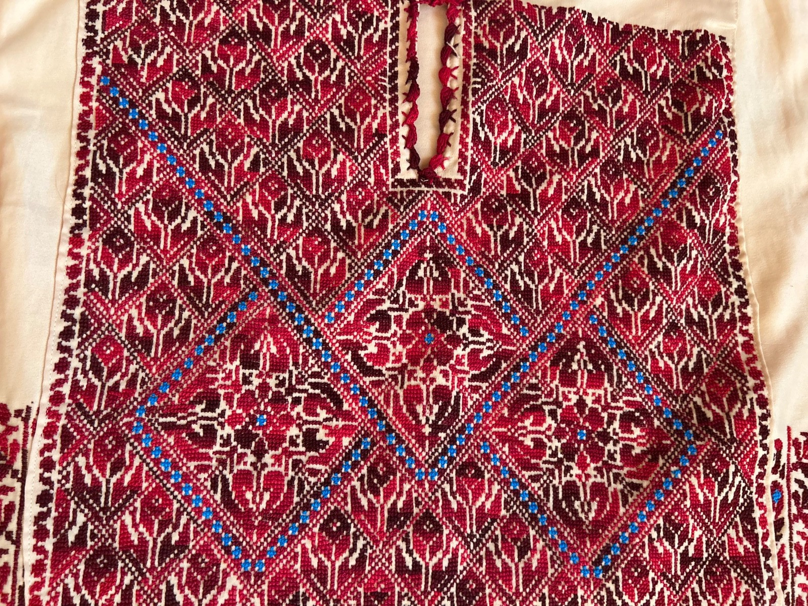 Beige Vintage Palestinian Traditional Thobe- Hand-Embroidered Tatreez Dress