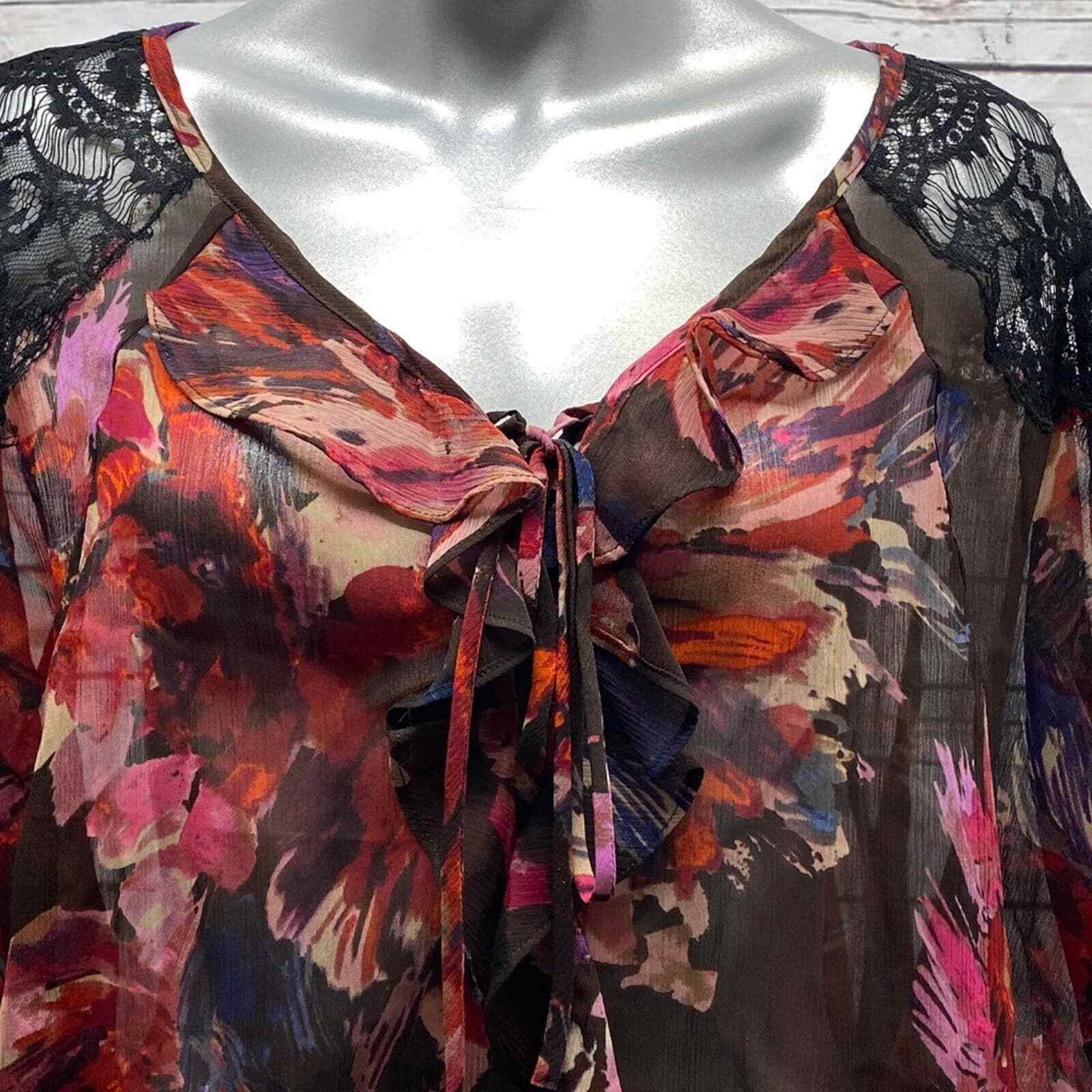 Cache Floral Top Lace See-Through Shoulders M Gathered elastic waist Black Pink