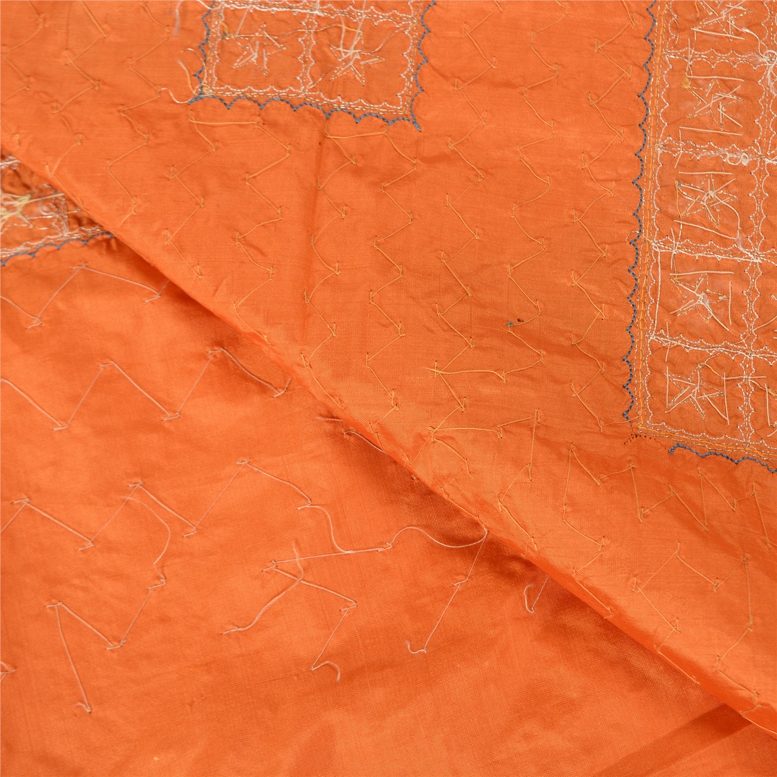 Sanskriti Vintage Orange Sarees Pure Silk Hand Beaded Zardozi Patch Sari Fabric