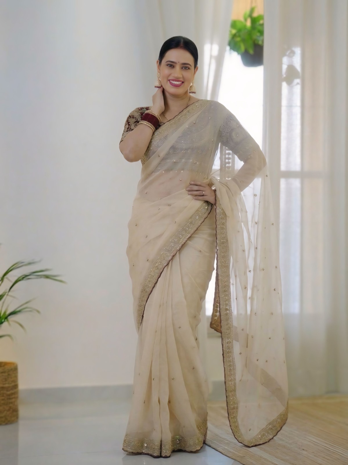 Off White Organza Saree Heavy Embroidered Designer Maroon Blouse Wedding Wear