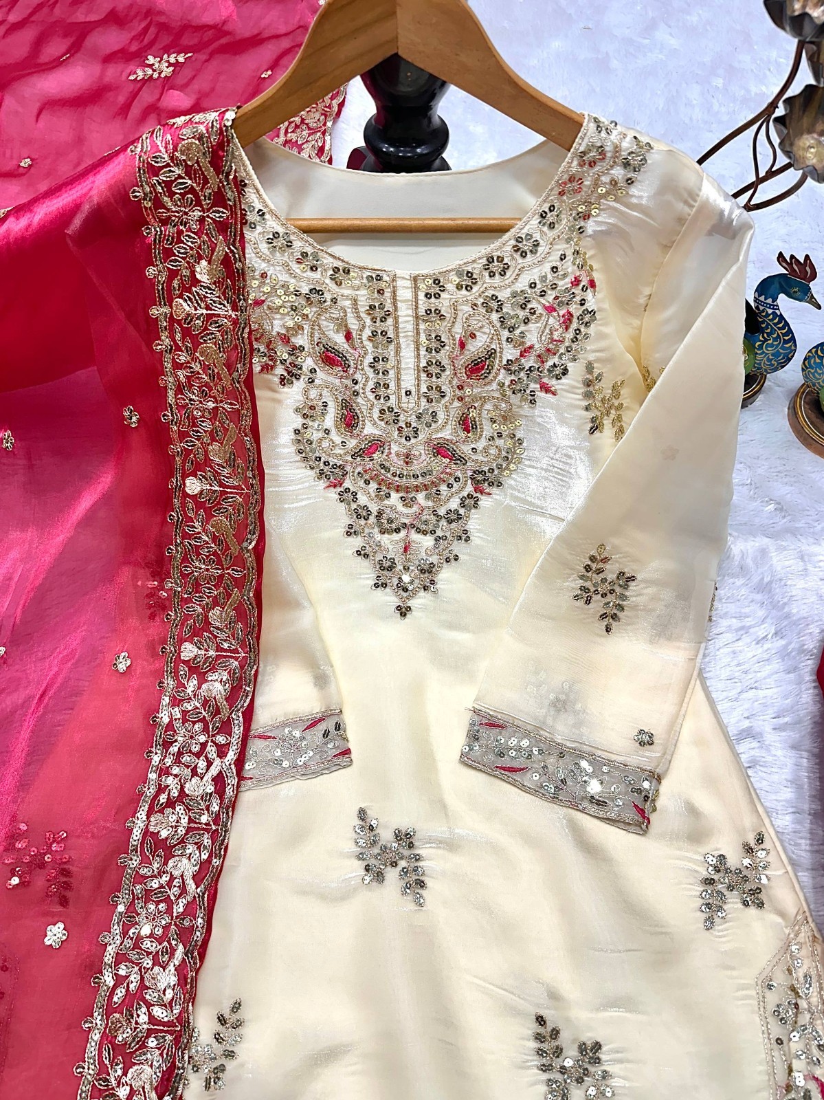 Stunning Heavy Silk Top Palazzo With Pink Dupatta For Women Party Wear