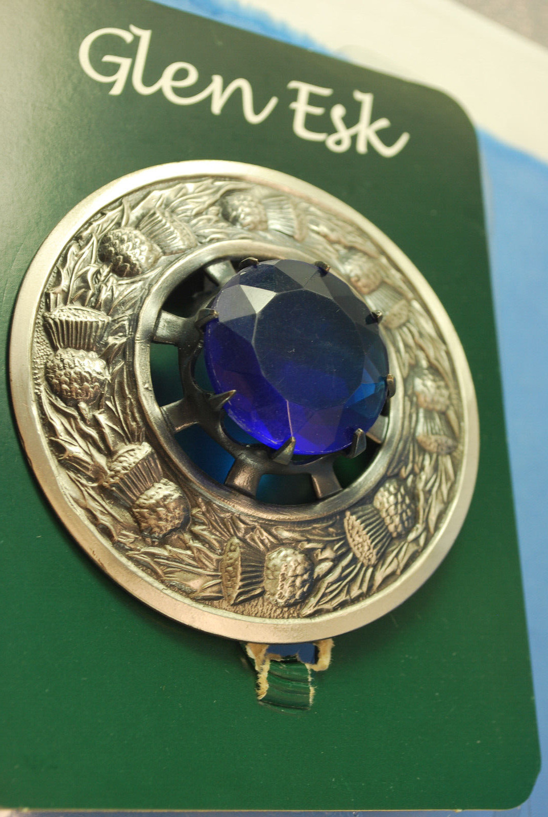 GLEN ESK Kilt Safety Pin Brooch Silver Blue Gem (Discontinued?)
