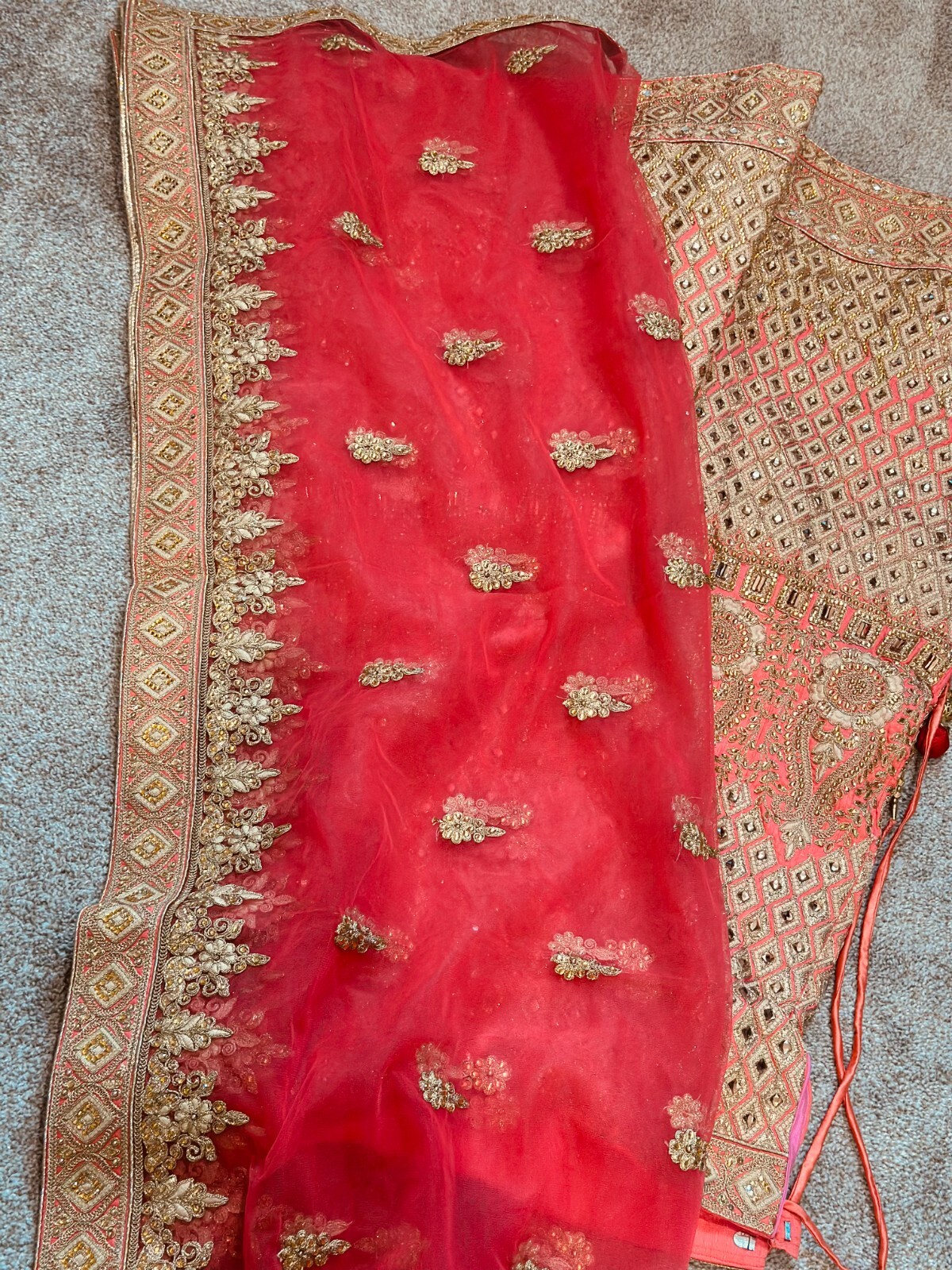 Coral Red color Lengha, Heavy Embroidery- Worn only once