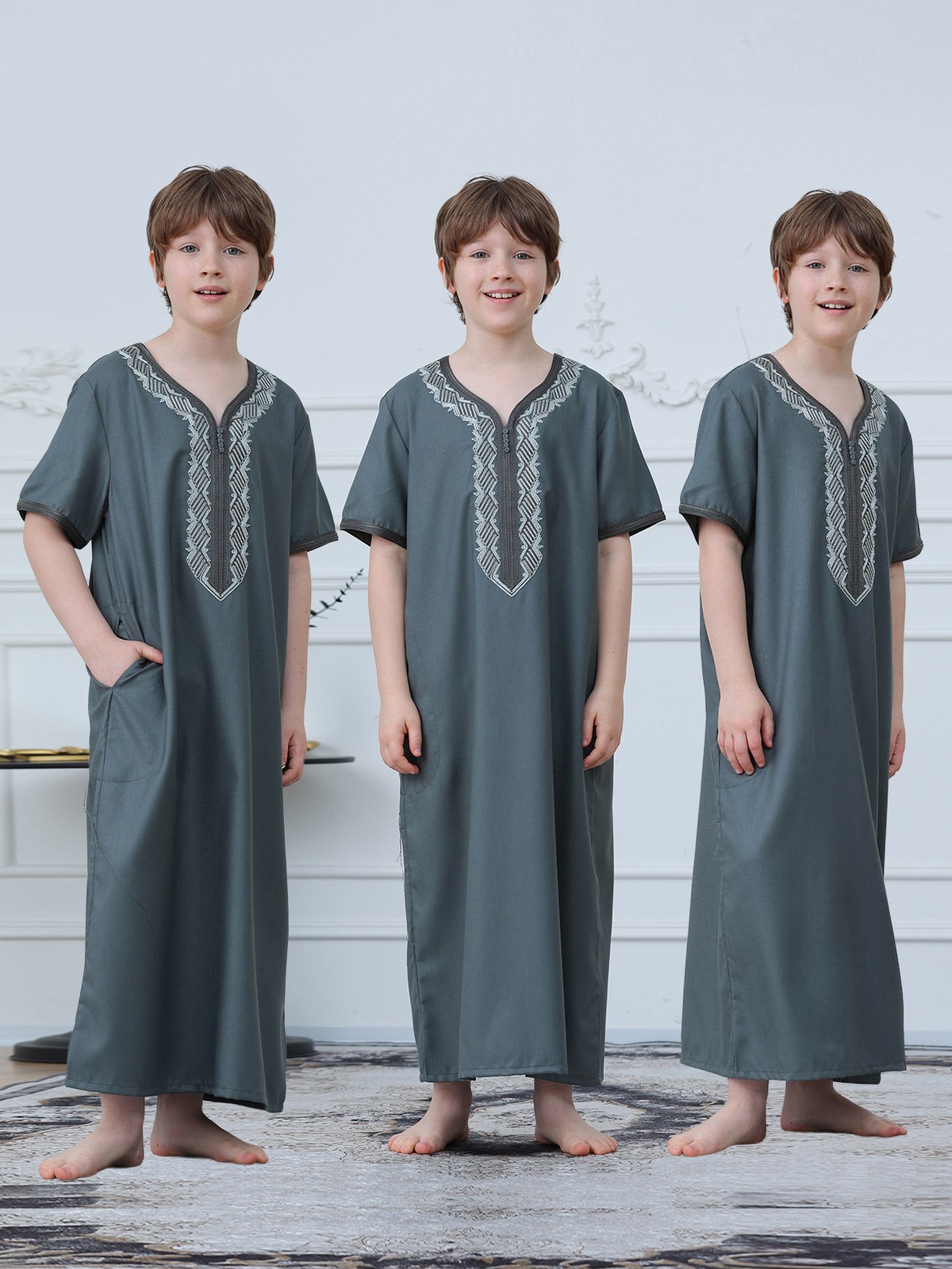 Muslim Boys Short Sleeve Jubba Thobe Embroidered Dress Islamic Abaya Robe Dubai