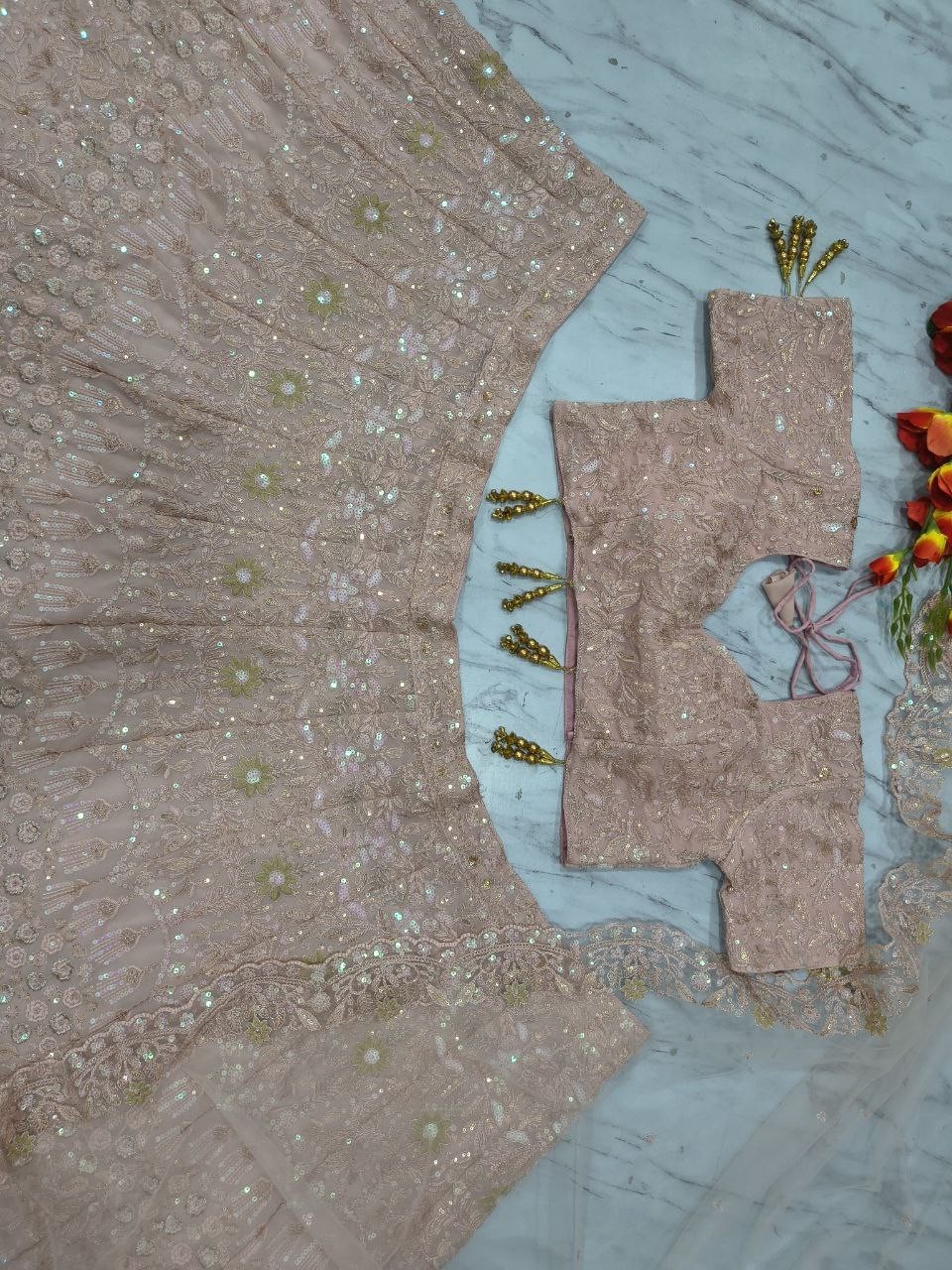 Fancy Designer Peach Faux Georgette Lehenga Choli With Dupatta For Wedding Wear