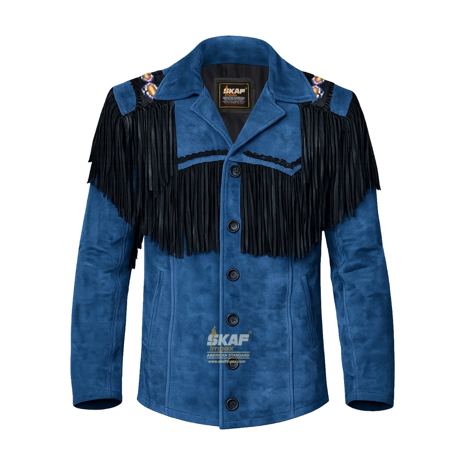 Blue Suede Leather Fringe Jacket Black Beads Western Cowboy Rodeo Coat