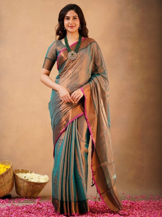 Women’s Blue Gold Zari Tissue Saree Bollywood Indian Woven Border Designer Sari