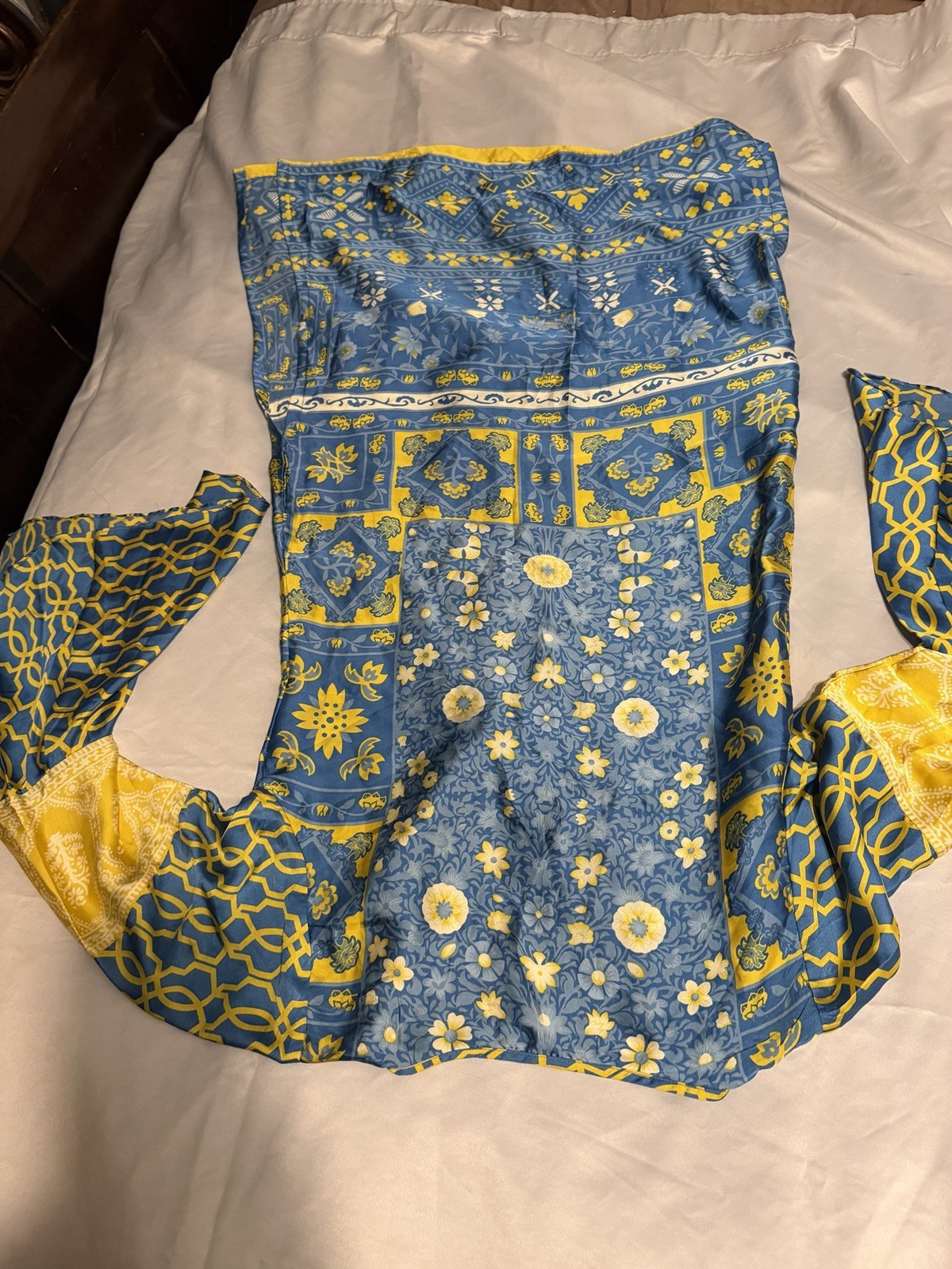 Khaadi Women Blue & Yellow Floral Print Woven Cotton Kurta Tunic Top Size 10