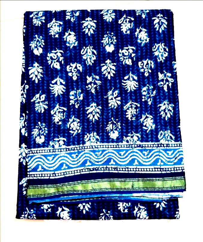 Indigo 100% cotton mulmul hand block jari border saee with unstitched 1