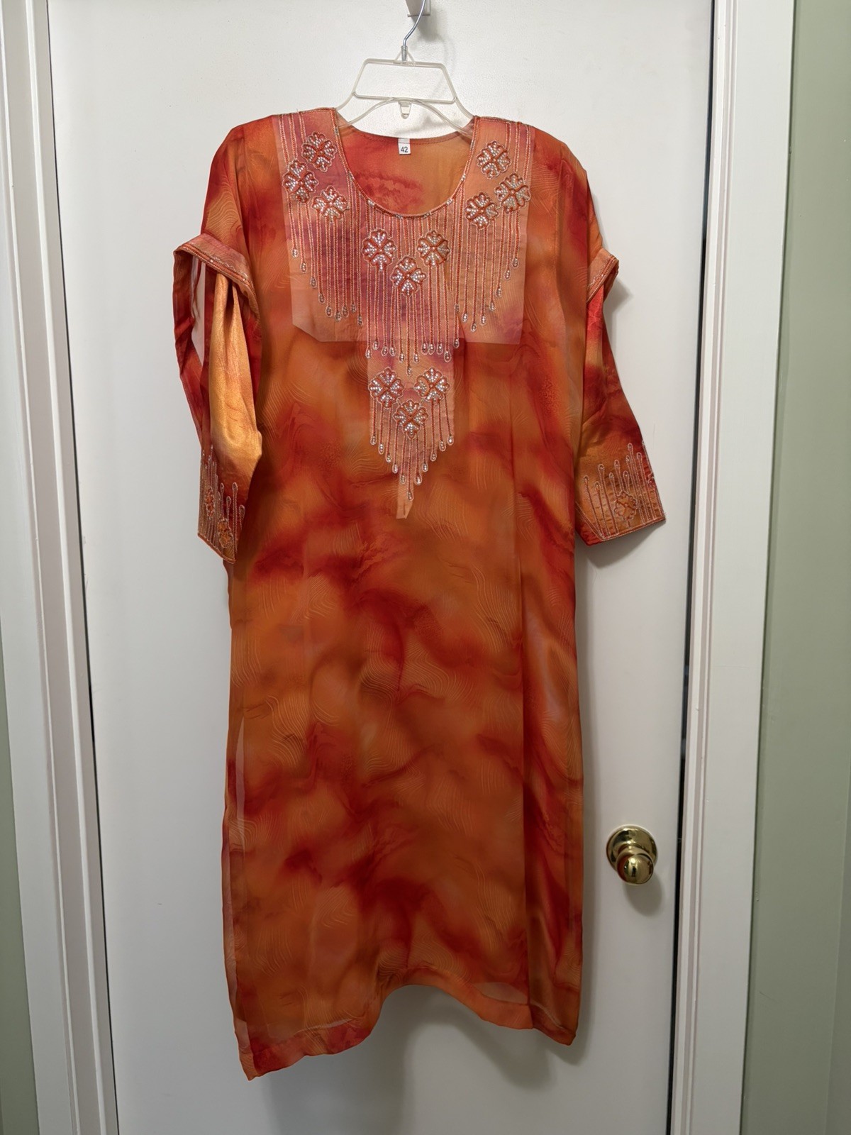 KIDS Peach orange Cotton Egyptian 5/6 7/8 Abaya/Kaftan/Galabeya, hand beaded