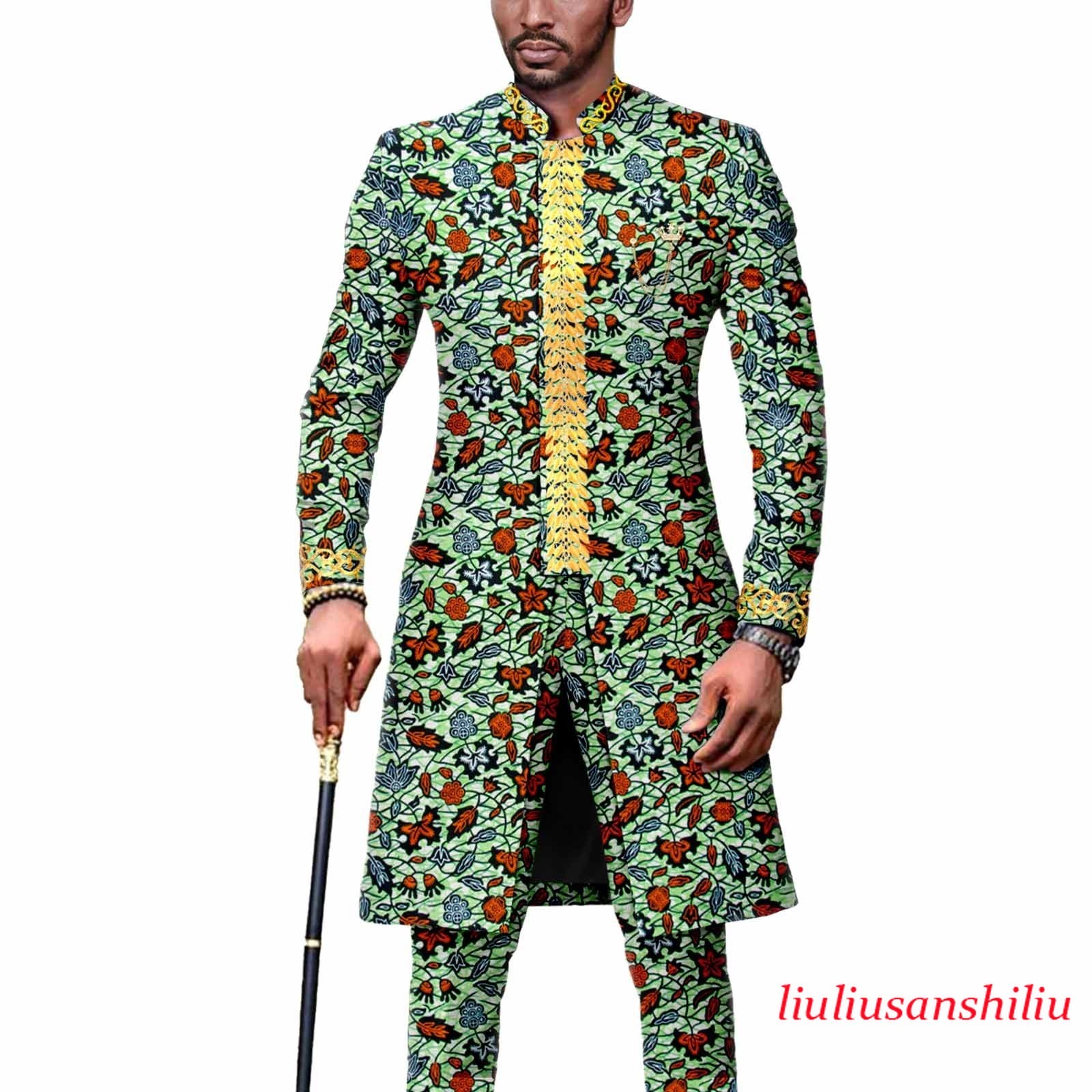 Dashiki for Men African Suit Embroidery Jackets and Pants 2 Piece Set Outfits