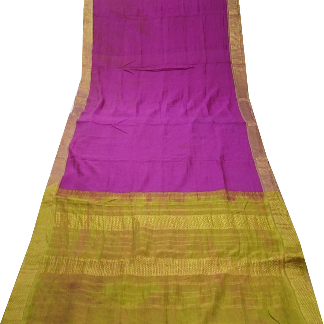 Vintage Magenta Pink 100% Pure Cotton Sarees Woven Zari Plain Sari Craft Fabric