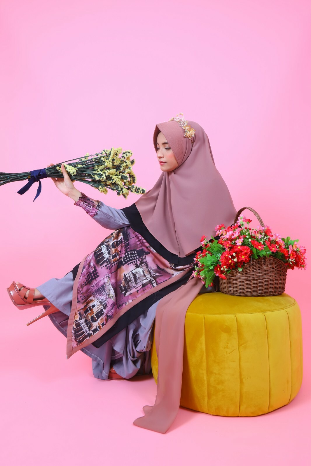 gray print pattern abaya & khimars set,abaya Maxi Dress,Modern hijab girls dress