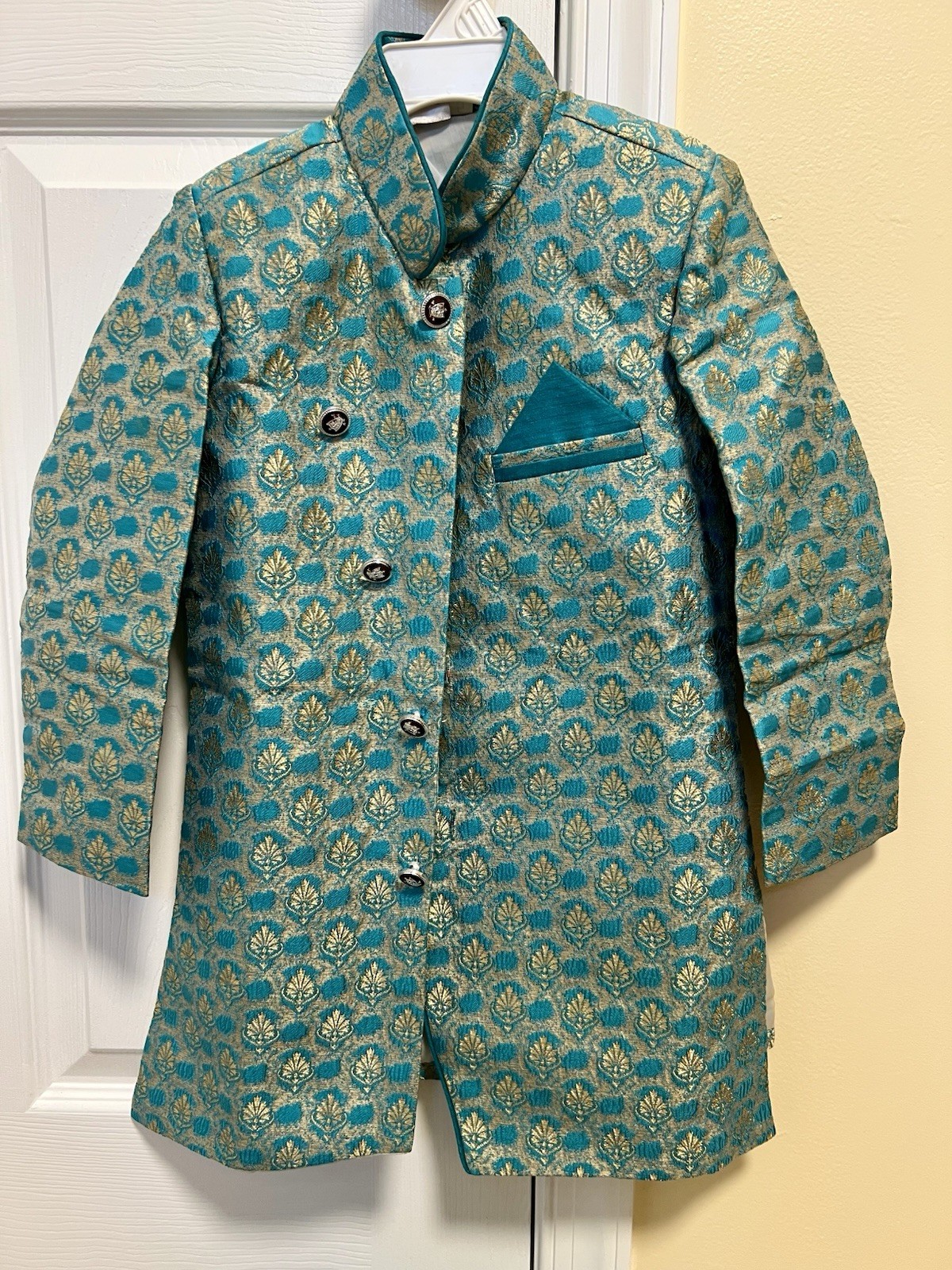 Sherwani Punjabi Set Blue golden color in kathan print party wear boy S Size 5