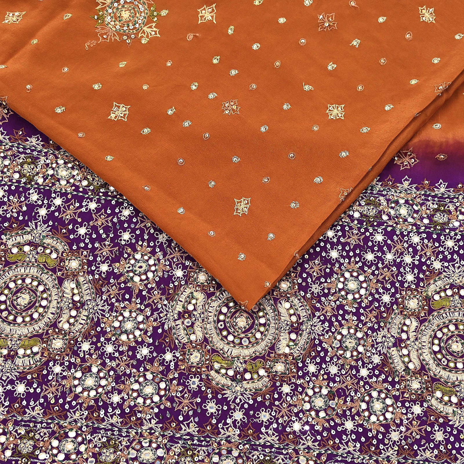 Indian Vintage Sari Purple & Mustard Pure Crepe Silk Hand Embroidered Sarees 6yd