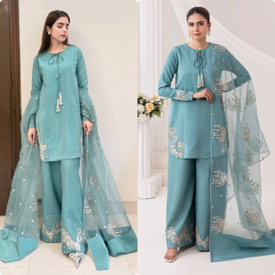 New Party Wear Sky Blue Natural Crepe Kurta Palazzo With Dupatta For Women