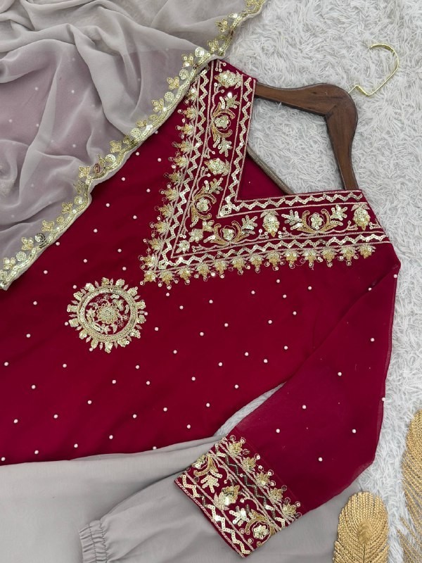 New Presenting Heavy Georgette Maroon Top Palazzo With Dupatta For Women Wear