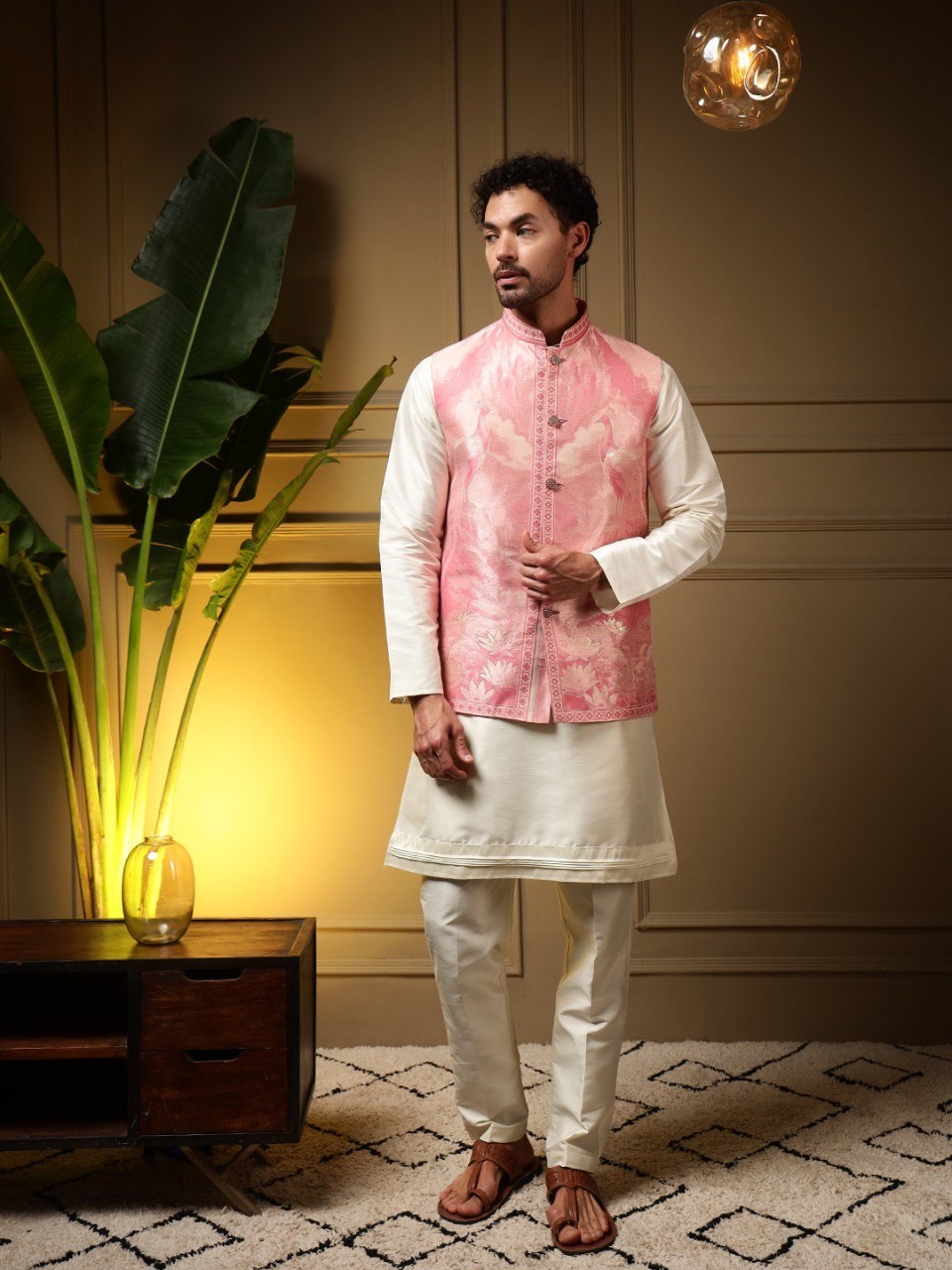 Mens Indian Kurta Pajama Koti Set Silk Embroidered Wedding Party Ethnic Wear