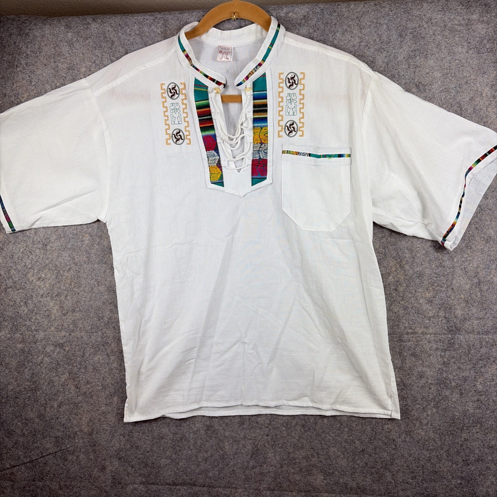 Mexican Men’s Shirt White Cotton Multicolor Embroidery Lace-Up Front Size M