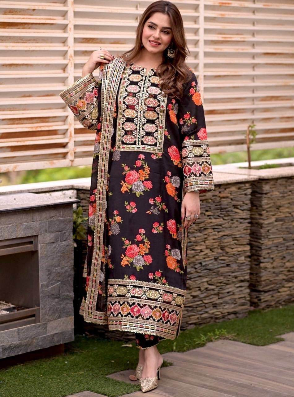 Function Wear Heavy Chinon Silk Salwar Kameez With Black Dupatta For Women