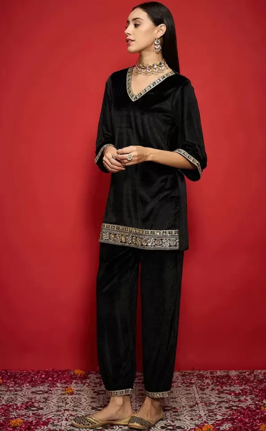 Indian Ethnic wear; Women Solid Zari Lace work Velvet Kurta with Salwar
