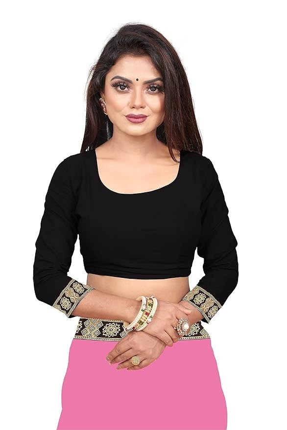 Women’s Lycra Plain Jacquard Lace Border Gorgeous Saree Blouse Piece PINK AN4