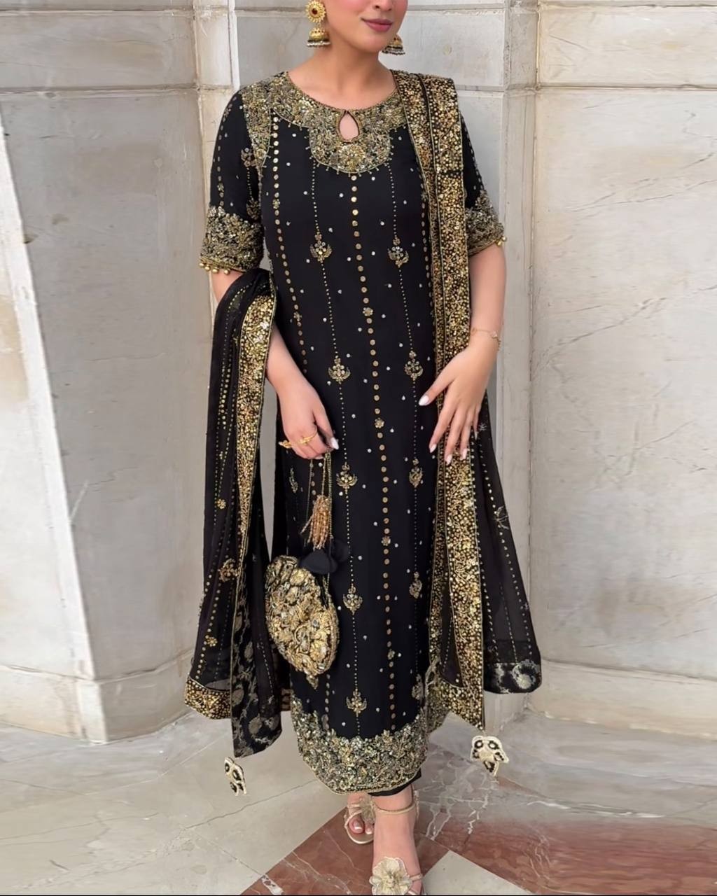 New Fancy Faux Georgette Black Salwar Kameez With Dupatta For Party Wear