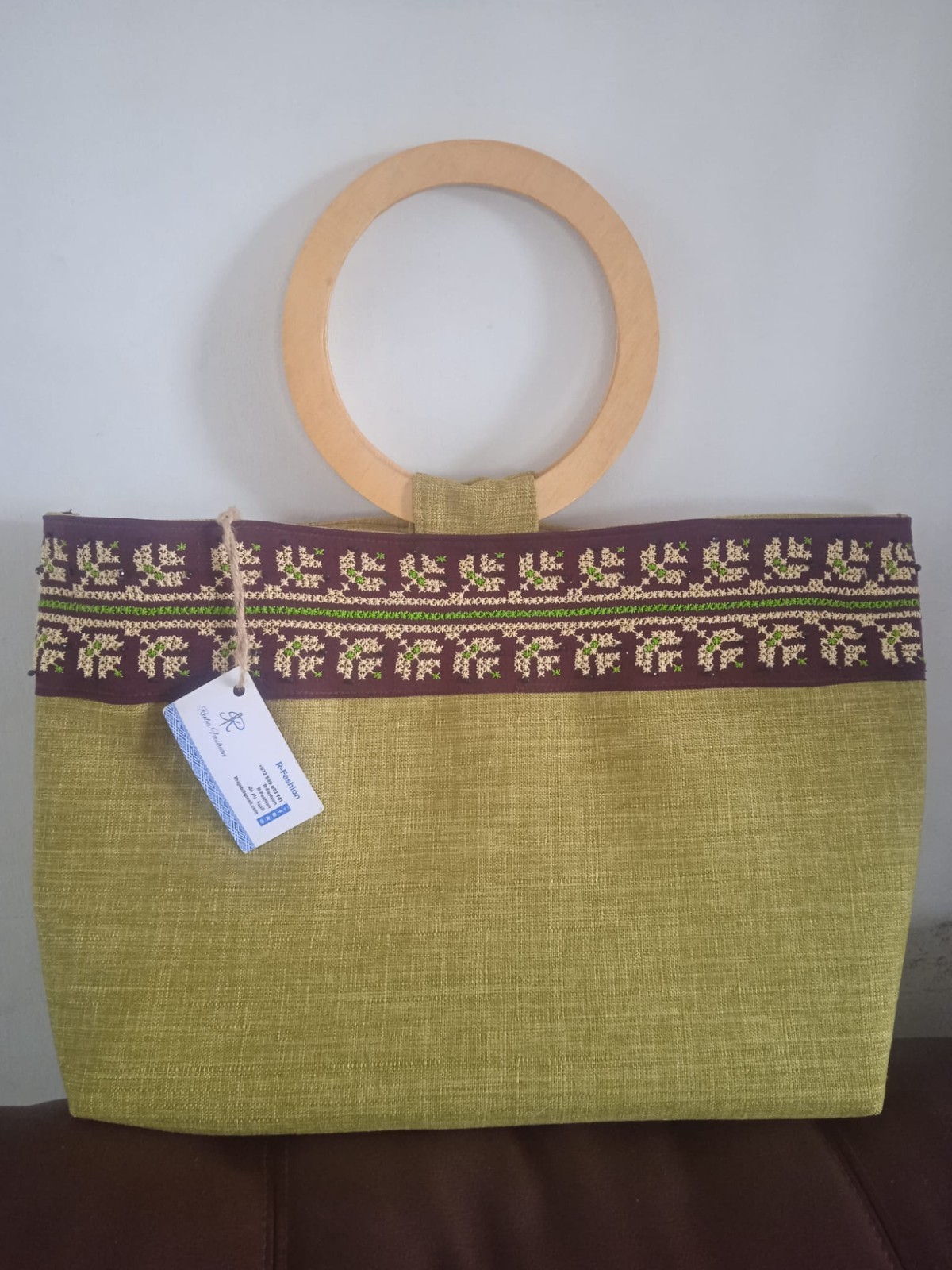 3pc Handmade Palestinian Tatreez Set: Olive Green Bag Wood Handle Scarf Necklace