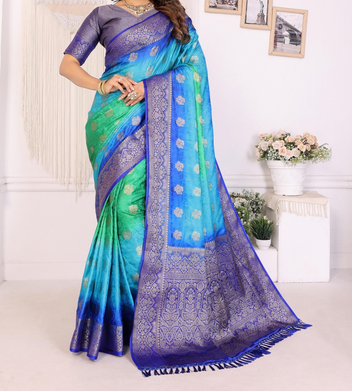 Buy 1 Get One Free Premium 3D Multi-Color Satin Silk Sari With Rich Zari Weaving