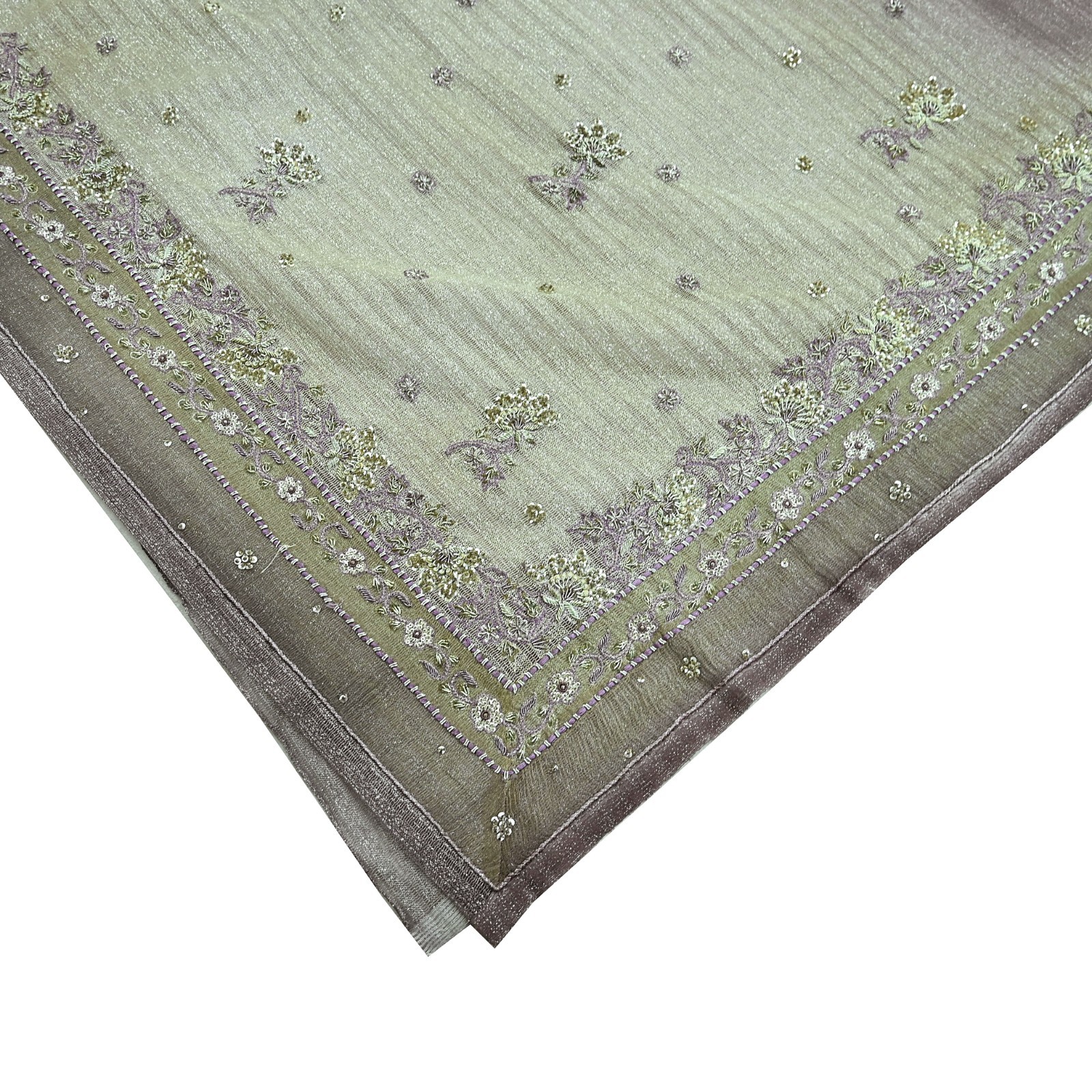 Vintage Silver & Purple Saree Net/Mesh Hand Embroidered Sari Zardozi Fabric 5Yd