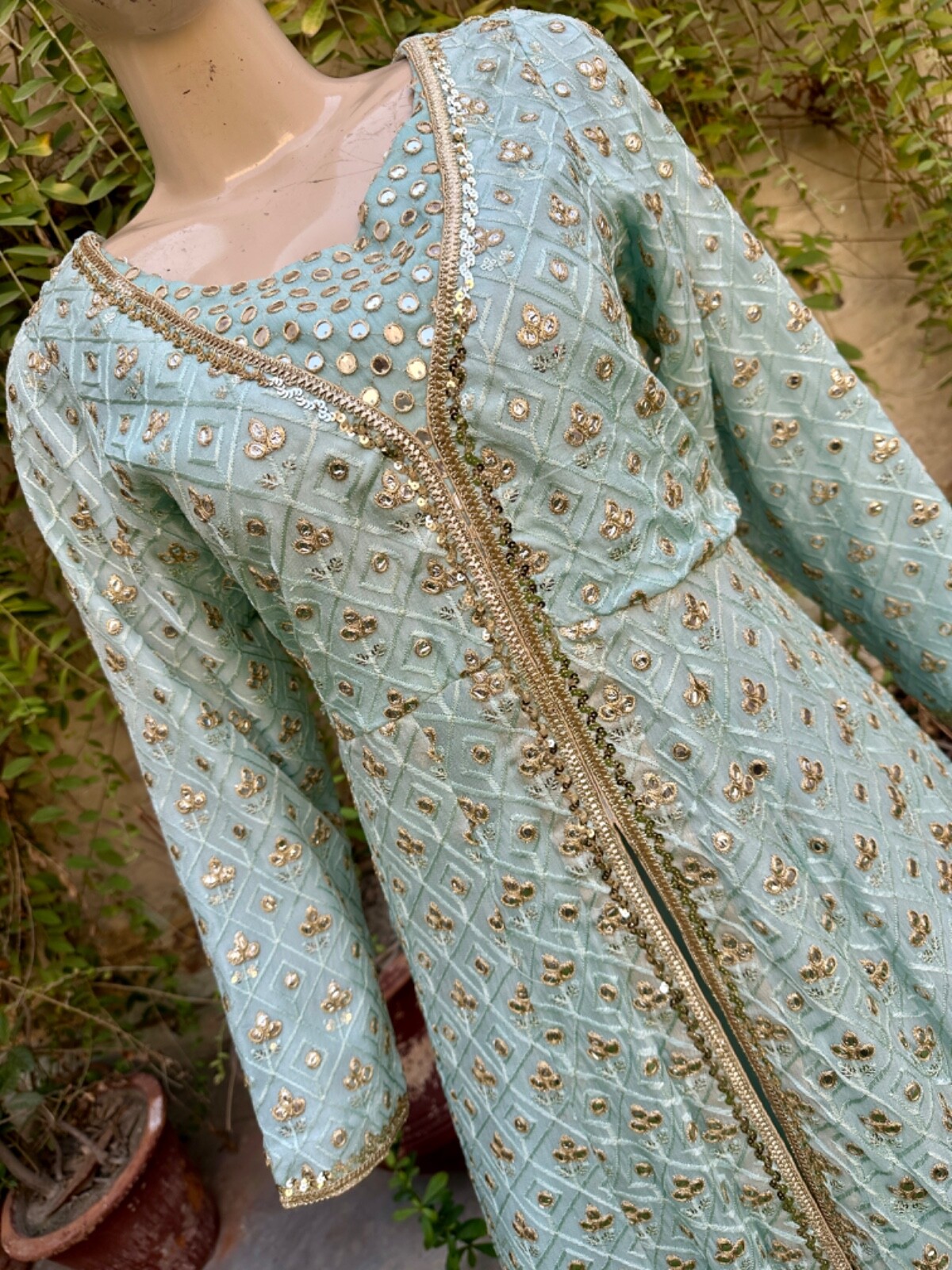 Pakistani Sky Blue double Long Maxi Style Embroidered Sequins Chiffon Dress,XL