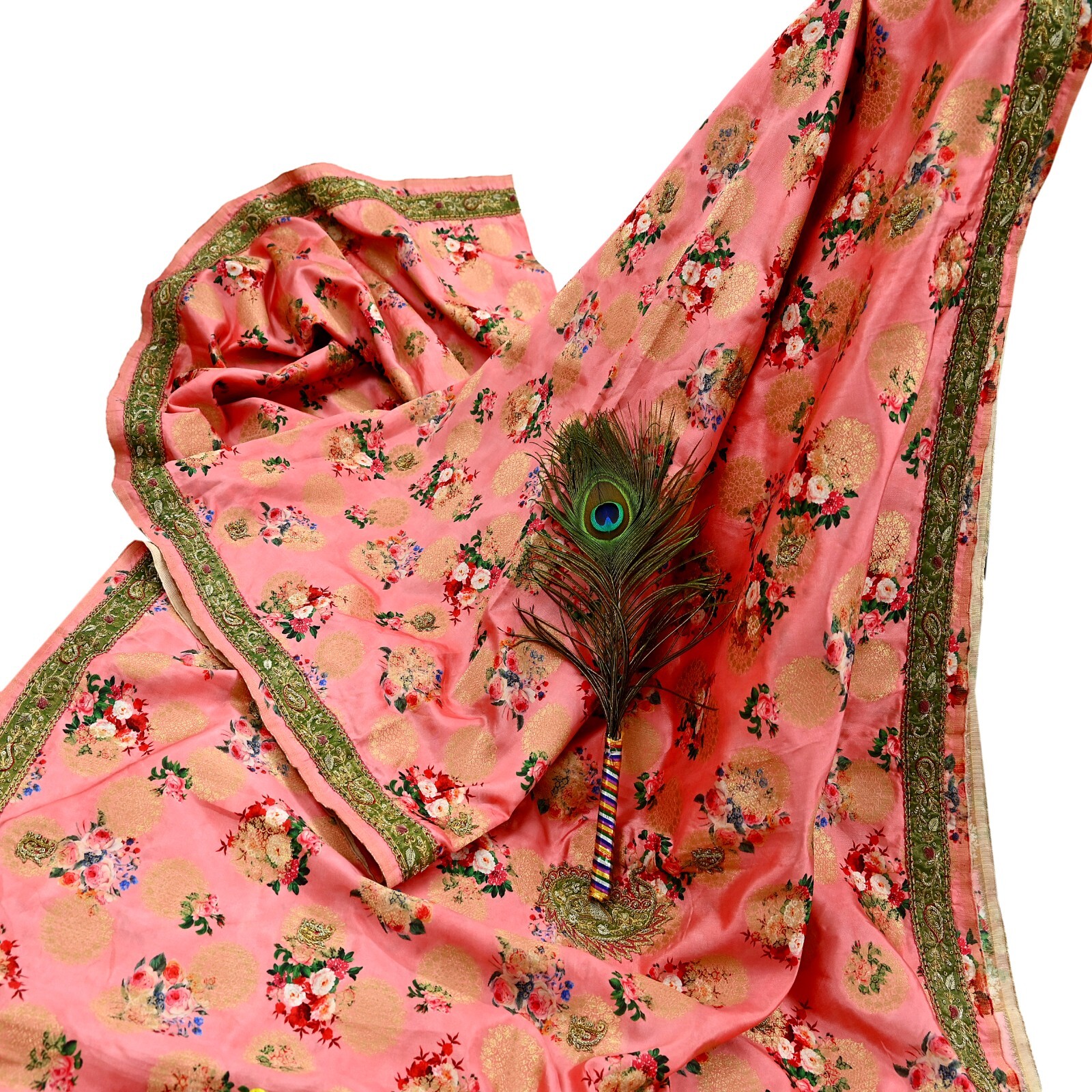 Vintage Peach Sarees Hand Embroidered Woven Brocade Sari Fabric 6Yd Sewing Dabka