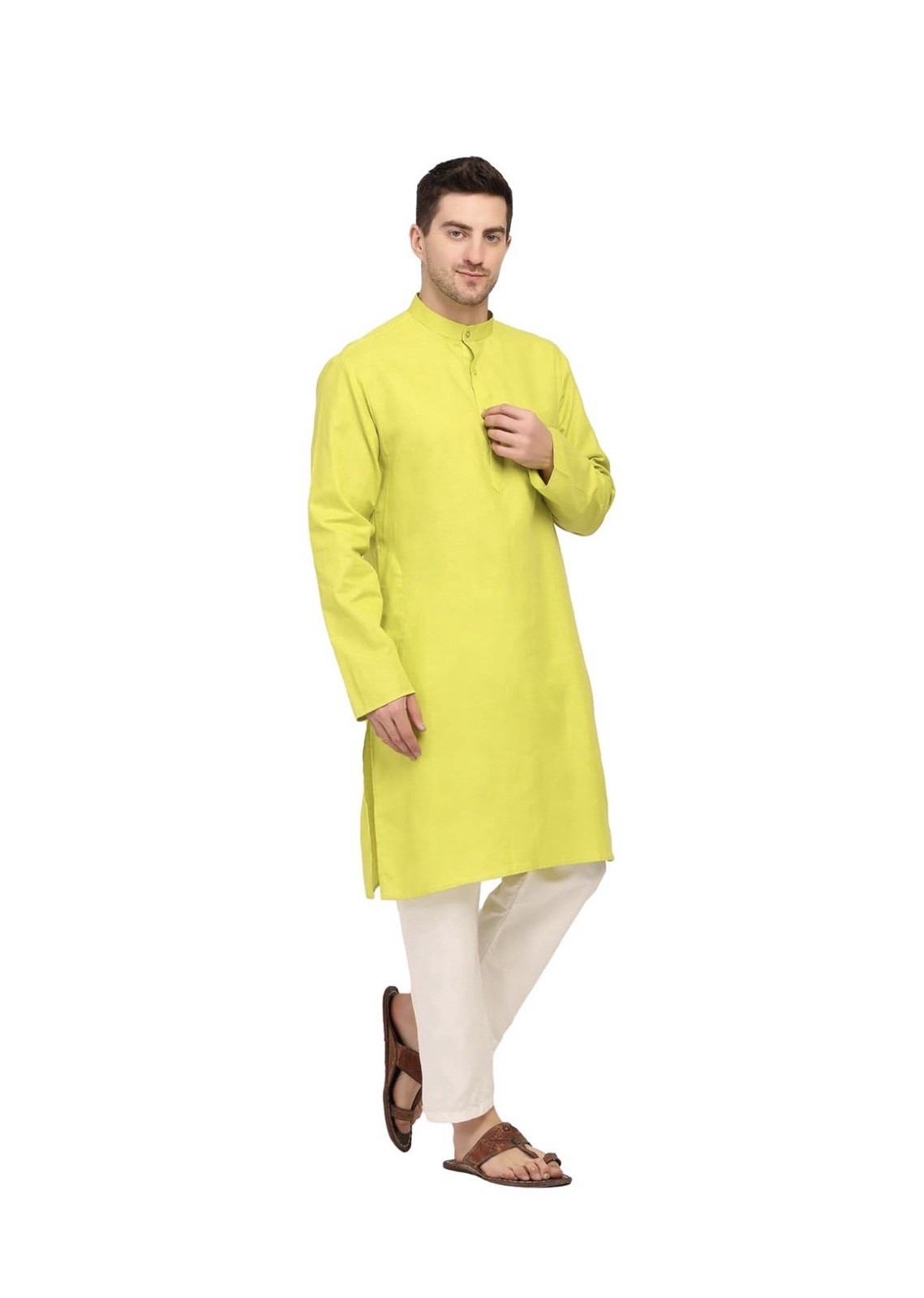 Men’s (Parrot Green) Cotton Woven Kurta Long Sleeve Mandarin Collar Size Large