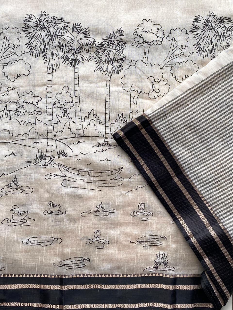 Off White Handloom Cotton Silk Saree Kalamkari Scenic Border 6.3M Festive Wear