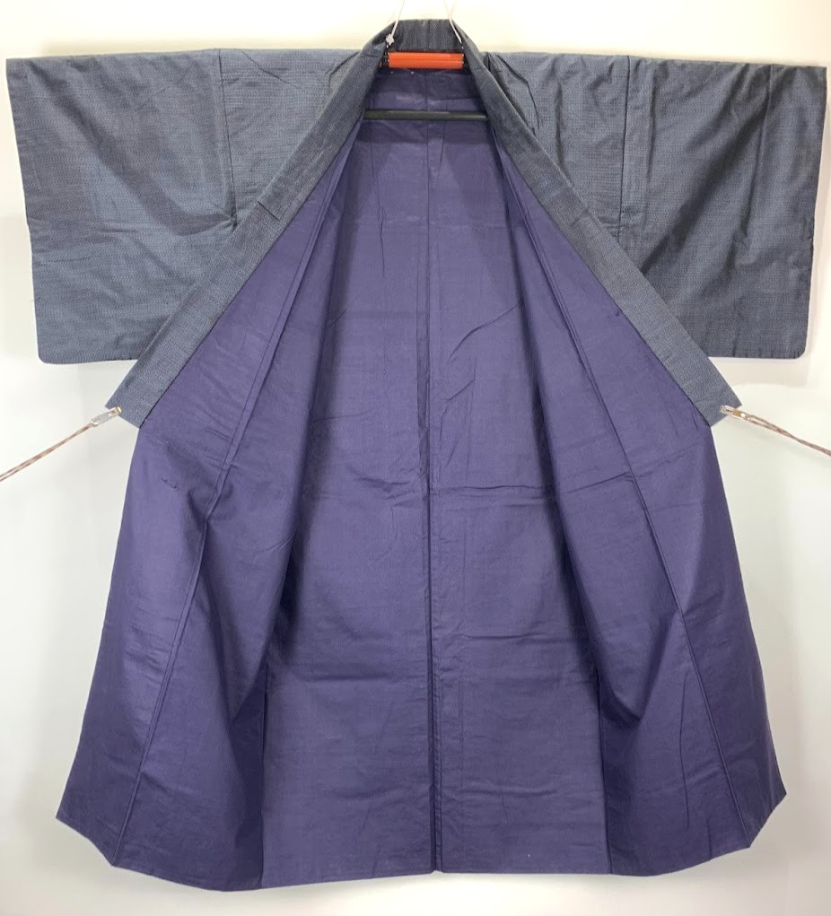 Vintage Japanese Kimono Men Silk Tsumugi Navy Blue Plaid Check Robe Jacket Coat